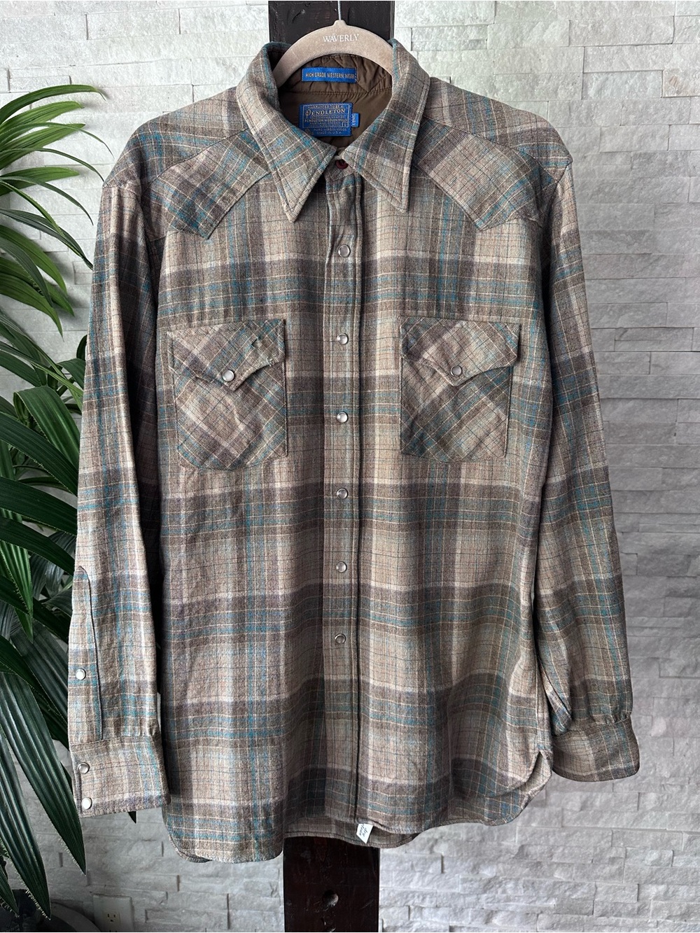 Pendleton Vintage Brown Plaid Wool Snap Button High Grade Western Shirt L Long